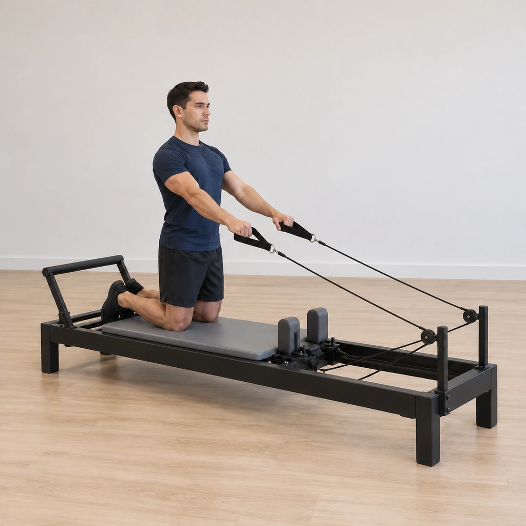 The man returns both extended arms forward toward the pulleys on the exhale, the straps easing away under control, his shoulders still down and the kneel still tall.
