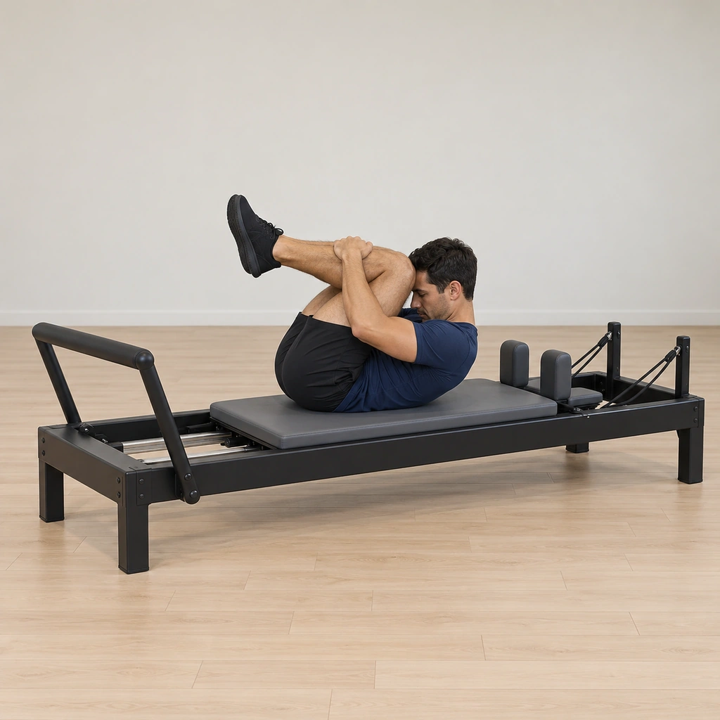 A man lies supine on the reformer carriage in a high abdominal curl, his legs drawn past tabletop into a tight ball and his forehead toward his knees, arms curled in the ball.