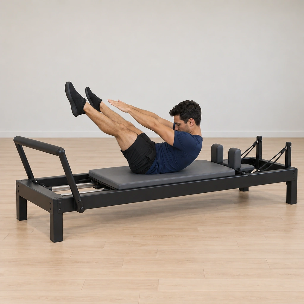 The man holds the curled extension while his extended legs open and close quickly to about reformer width - a quick abduction-adduction pulse - the curl and the arm reach both held.