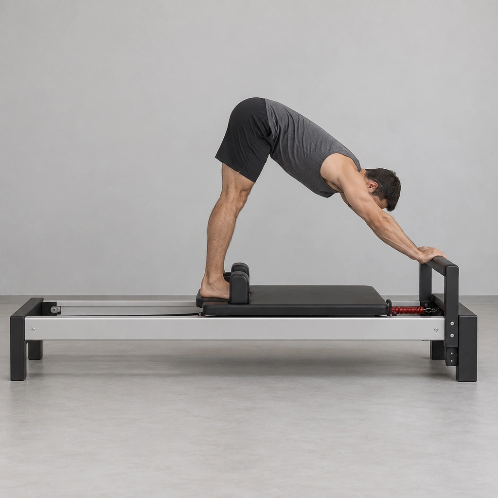 A man standing on a reformer's carriage, bent forward at the hips with his hands pressed on the foot bar and his feet against the shoulder blocks.