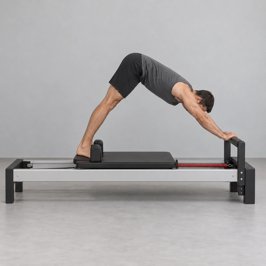 The same man, now with the carriage pushed farther from the foot bar, his hips risen and the backs of his legs visibly stretched, his hands and torso unchanged.