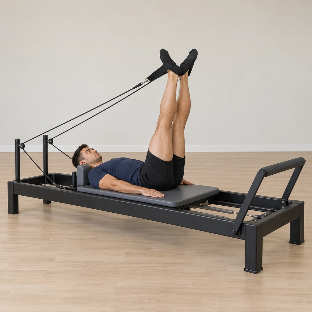 A man lies supine on the reformer carriage with both feet in the straps, his legs extended up toward the ceiling in a narrow V turned out from the hips, his pelvis neutral on the carriage.