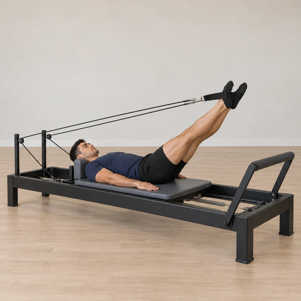 The man has pressed both legs forward together to about a 40-degree angle off the carriage, the straps taut above his feet loading the legs, the pelvis still neutral.