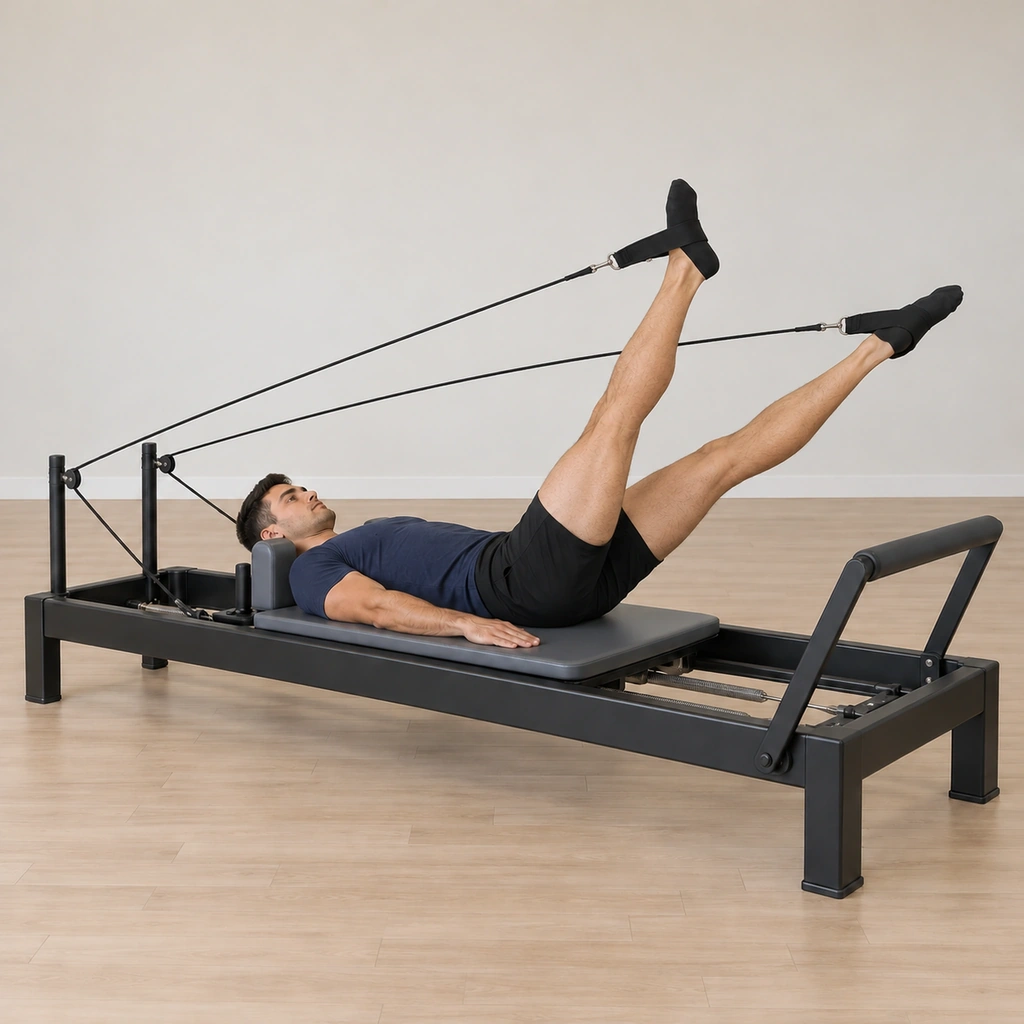 The man has circled both legs out toward the side, the legs opened and sweeping laterally against the taut straps, the pelvis still neutral on the carriage.