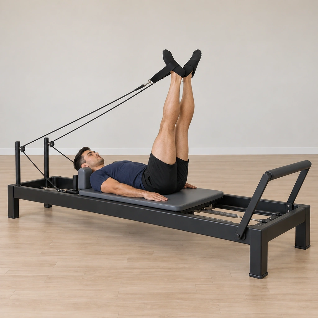 The man has circled both legs back up to point at the ceiling in the narrow V, the straps settling taut above his feet, the pelvis still neutral, the circle complete.