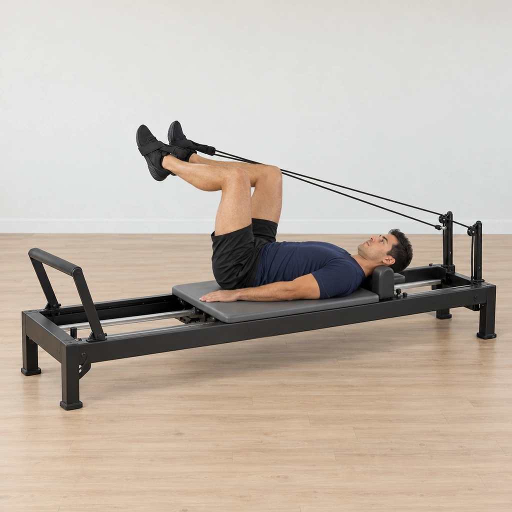 A man lies supine on the reformer carriage, head on the headrest, feet looped into the straps, legs held at table top with knees over hips and shins parallel to the floor.