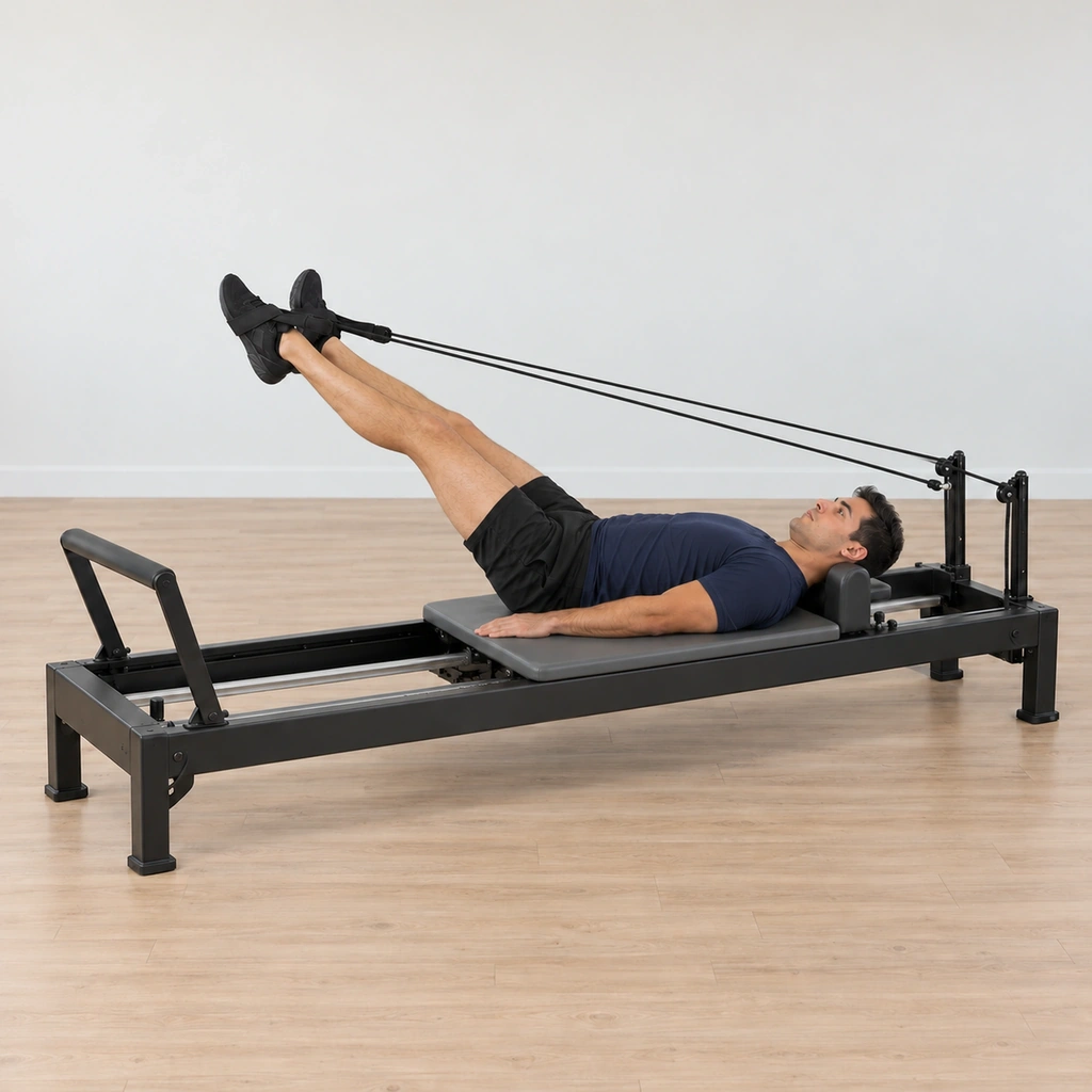 The man extends his knees pressing the carriage backward along its frame, his legs still turned out in the frog V with heels squeezed together, his tailbone still on the carriage.