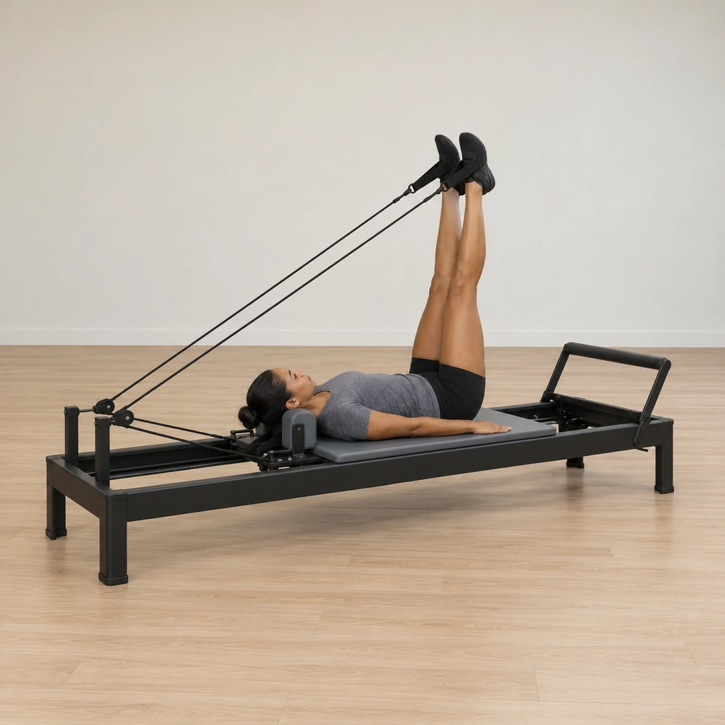 A woman lies on her back on the reformer carriage, feet in the two straps, legs extended straight up to the ceiling in a narrow V, tailbone resting on the carriage.