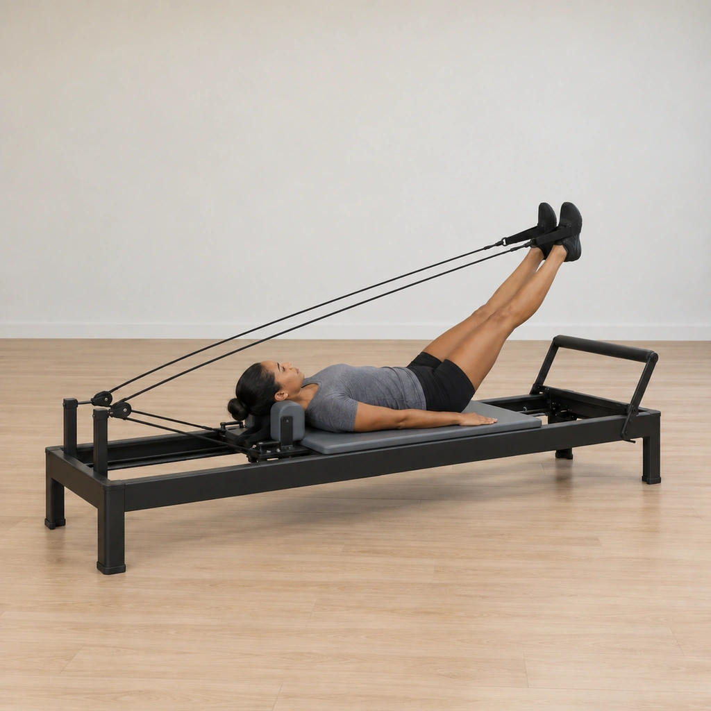 She lowers the extended legs together straight down the centre line to about a forty-degree angle, tailbone still resting on the carriage, the straps drawing the carriage.