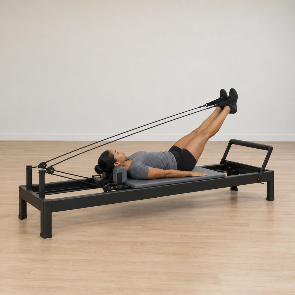 She holds the extended legs steady at the low angle above the carriage, tailbone down, pelvis neutral.