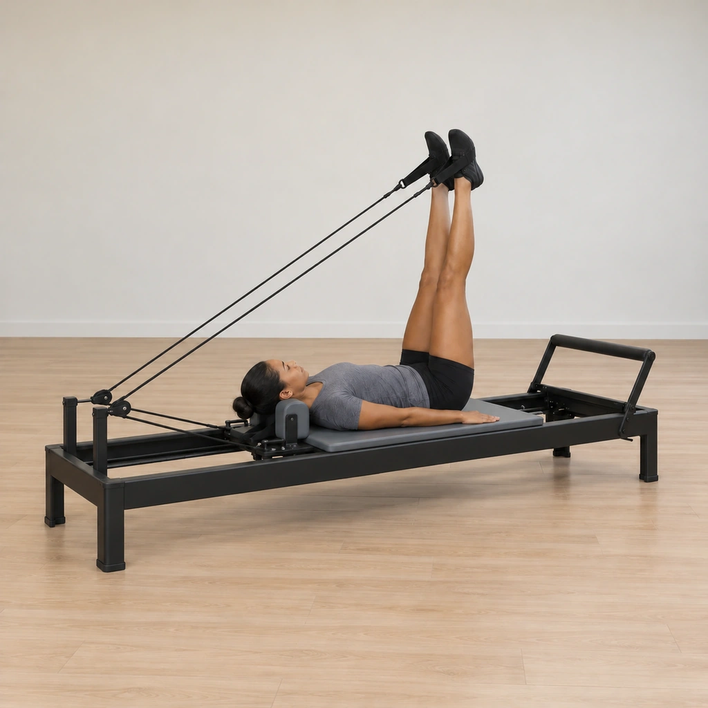 She raises the extended legs back up to the vertical V position, tailbone still on the carriage.