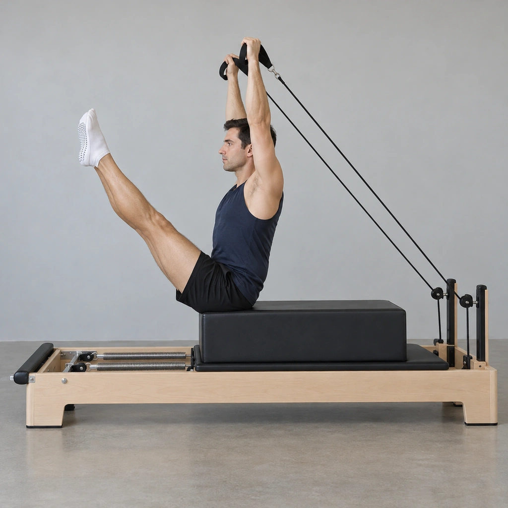 A man seated on the front edge of a Reformer's long box, both arms and both legs reaching straight up together, a strap handle in each hand.