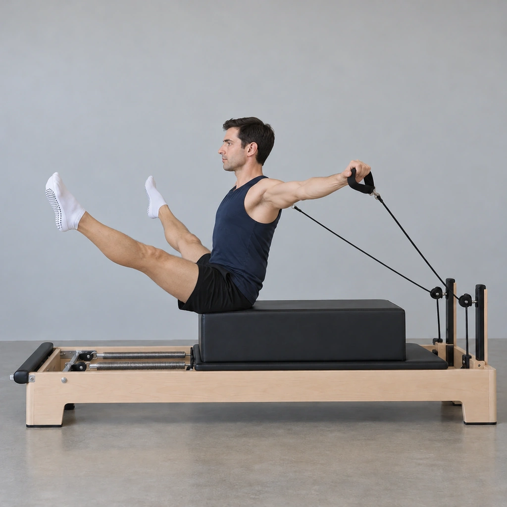 The same man, now with both arms and both legs open out to the sides, still gripping the strap handles, seated on the box edge.