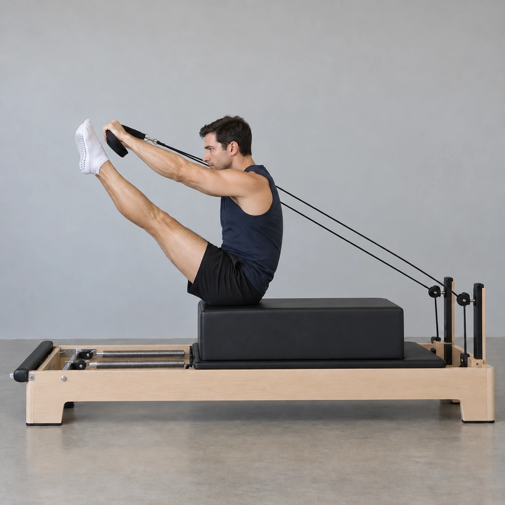 The same man, legs pulled together and arms reaching forward toward his toes, torso curled slightly forward, still on the box edge.