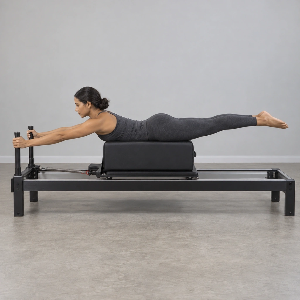 A woman lying prone on a Pilates long box, arms extended forward to two fixed poles, both legs lifted behind her.