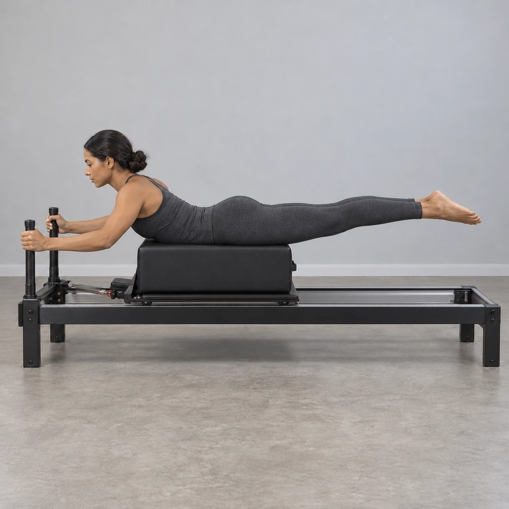 The same woman, prone on the long box, shoulders shrugged back, elbows bent, the carriage now closer to the poles, legs still lifted behind her.