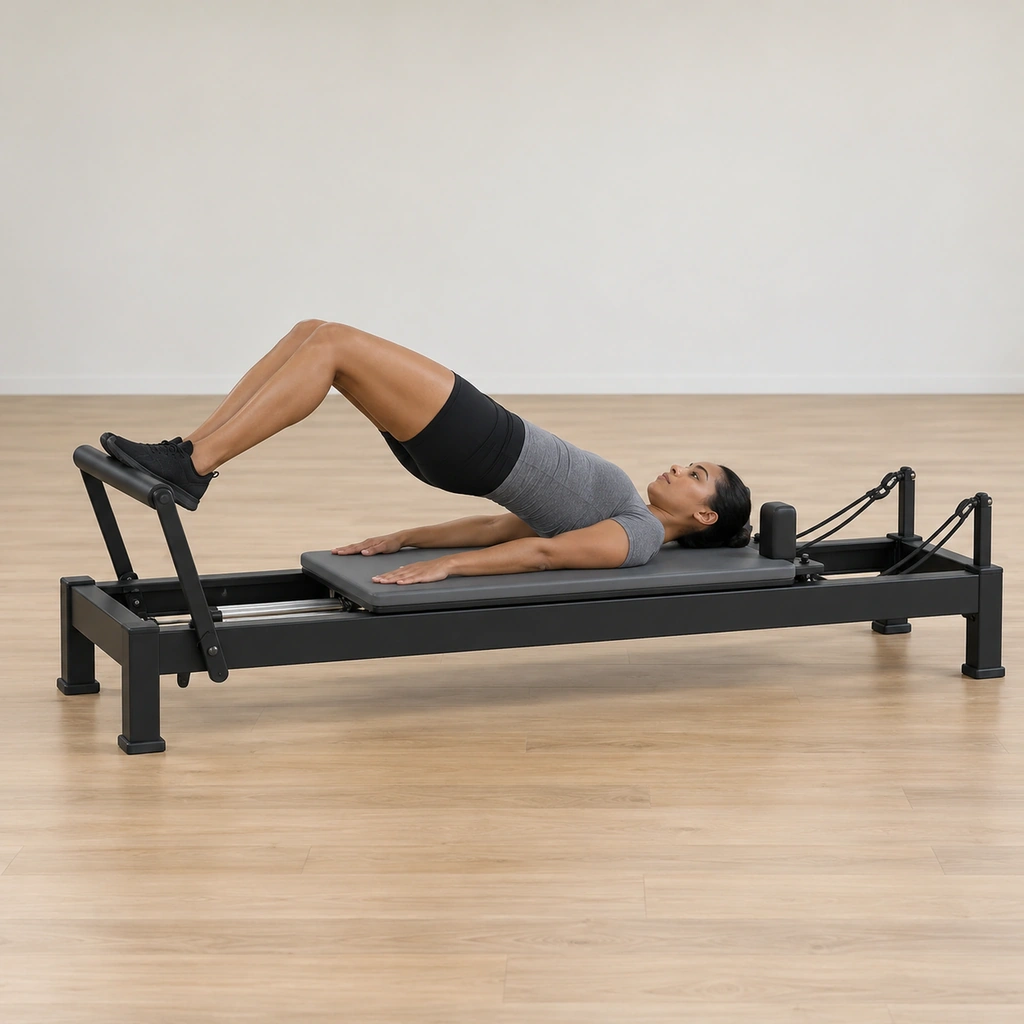 A woman lies supine on the reformer with her feet on the footbar, hips lifted into a bridge, knees bent, her upper back and head on the carriage, the headrest down.