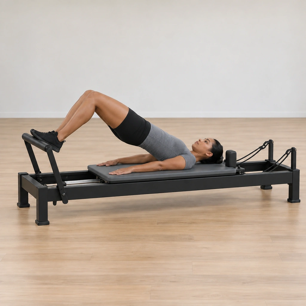 The woman holds the lifted bridge on the inhale: hips up, feet on the footbar, knees bent, spine long without hyperextension, the carriage unmoved.