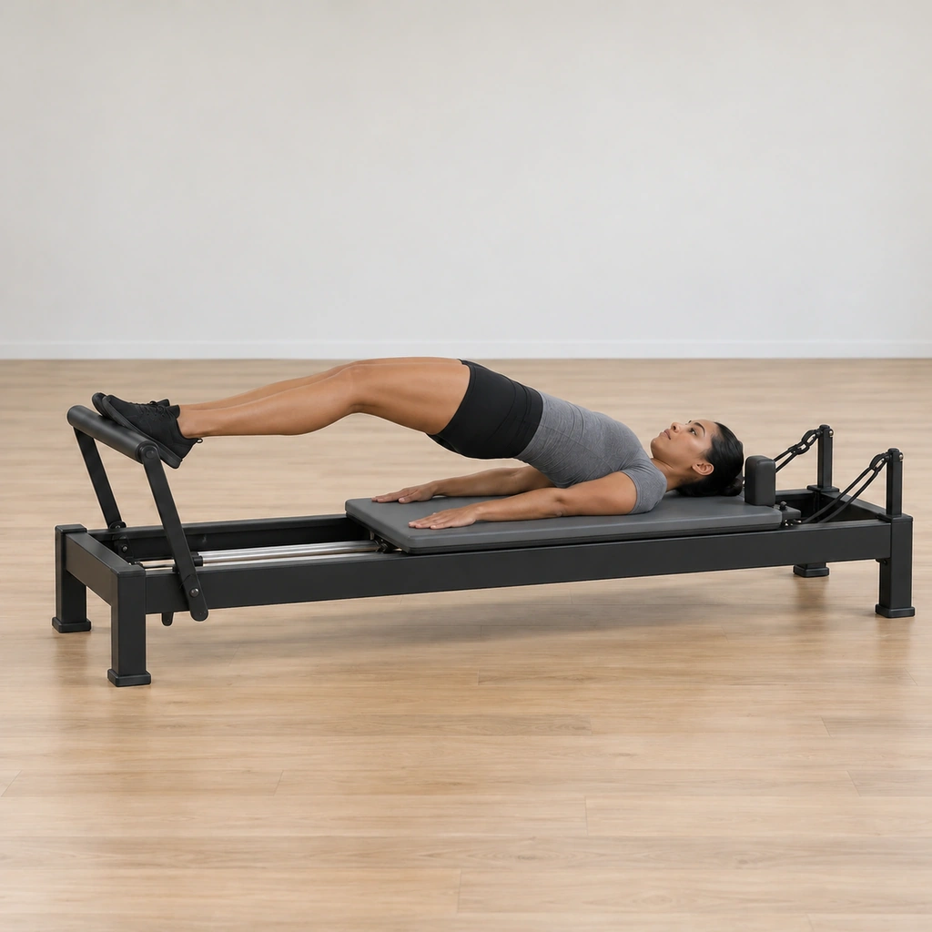 The woman extends her knees, pressing through her feet on the footbar so the carriage slides outwards along the frame, her hips still held high in the bridge and her spine long.