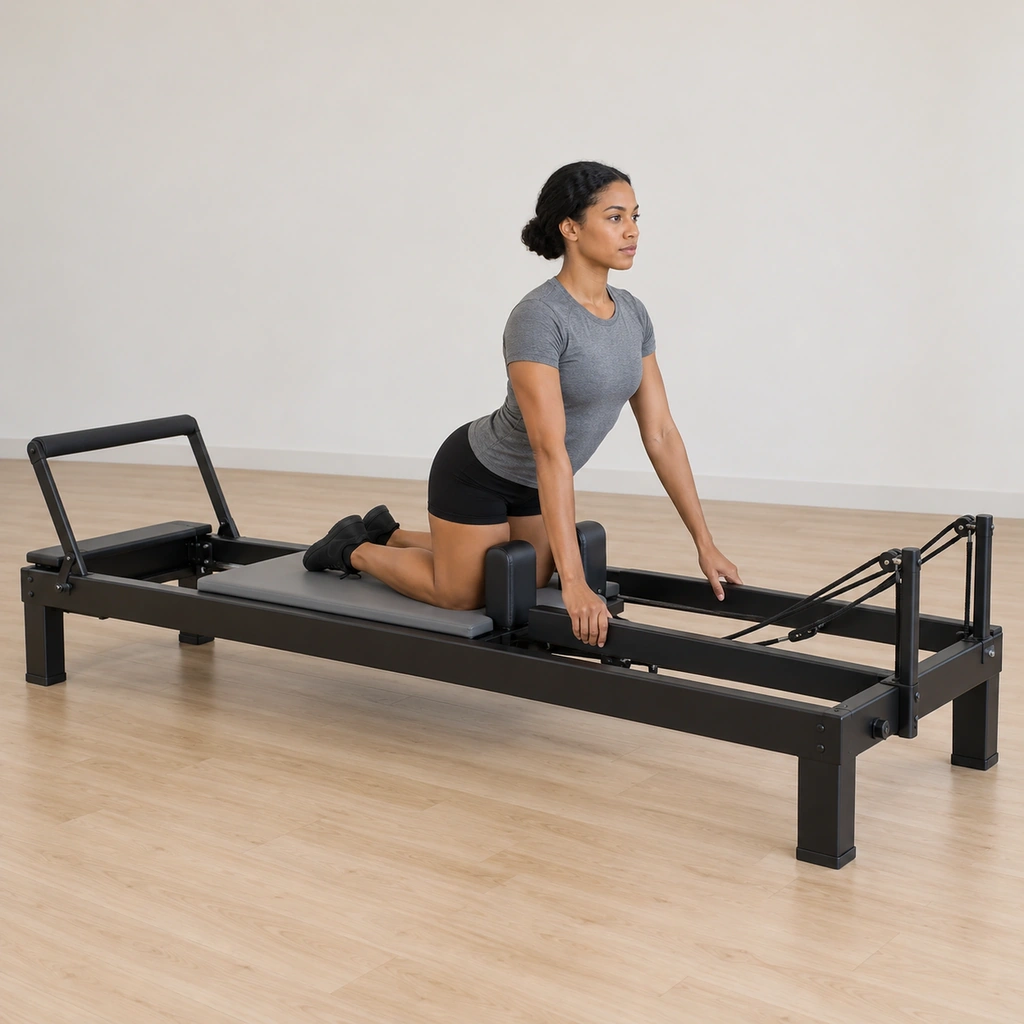 A woman kneels on the reformer carriage facing the pulley end, her knees against the shoulder pads, her hands gripping the aluminium runners beside the carriage, torso upright and still.