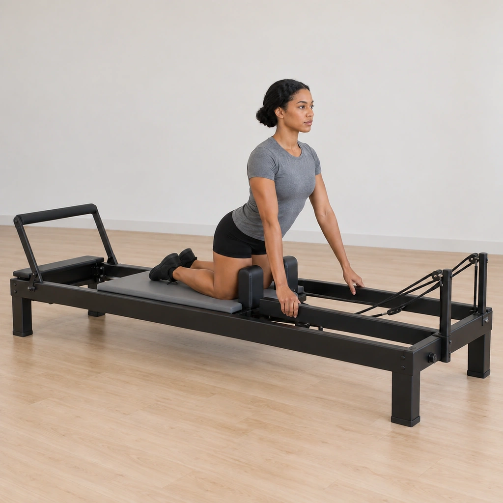 The woman holds the kneeling setup on the inhale, torso upright and still, knees against the shoulder pads, hands on the runners, the carriage not yet moved.