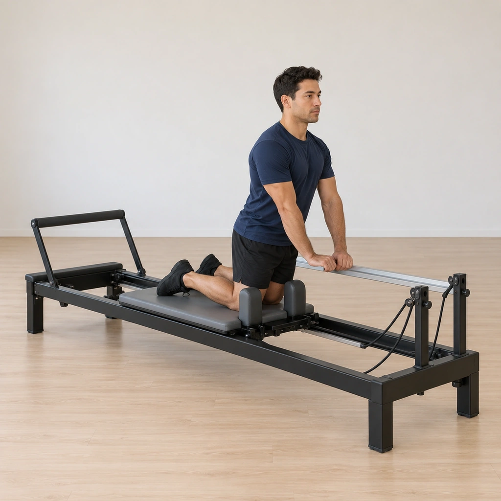 A man kneels upright on the reformer carriage facing the pulley end, knees against the shoulder pads, both hands gripping the single right-side aluminium runner.