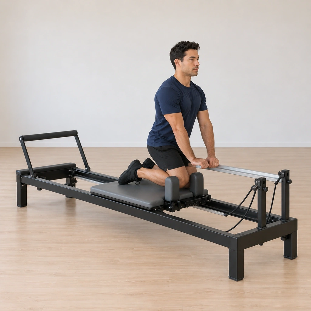 He holds the knees tucked in close to the pulley end, carriage held, torso upright and still.