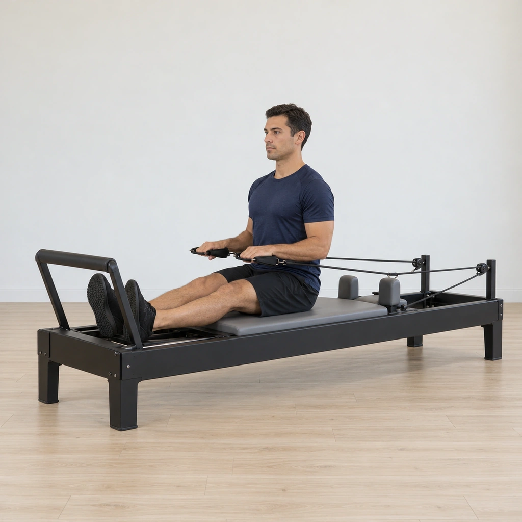A man sits tall on the reformer carriage facing the footbar, a strap in each hand, his elbows tucked into his sides and his palms facing down, the ropes taut.