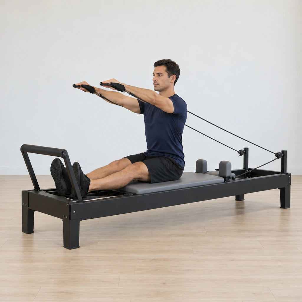 The man exhales extending both arms straight forward to slightly above shoulder height against the rope tension, his torso tall and his palms beginning to face forward.