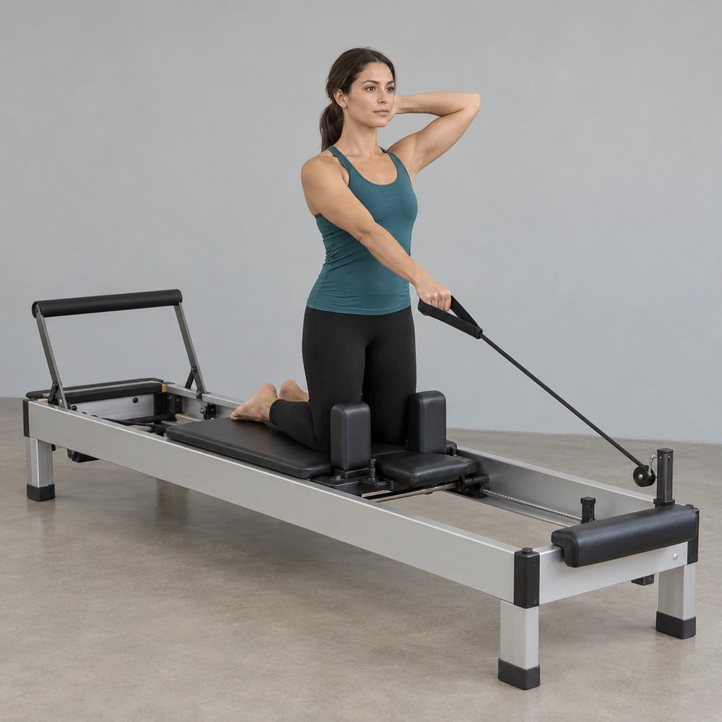 A woman kneeling upright on a reformer's carriage, one hand behind her head, the other gripping a strap handle with her arm reaching across the front of her torso.