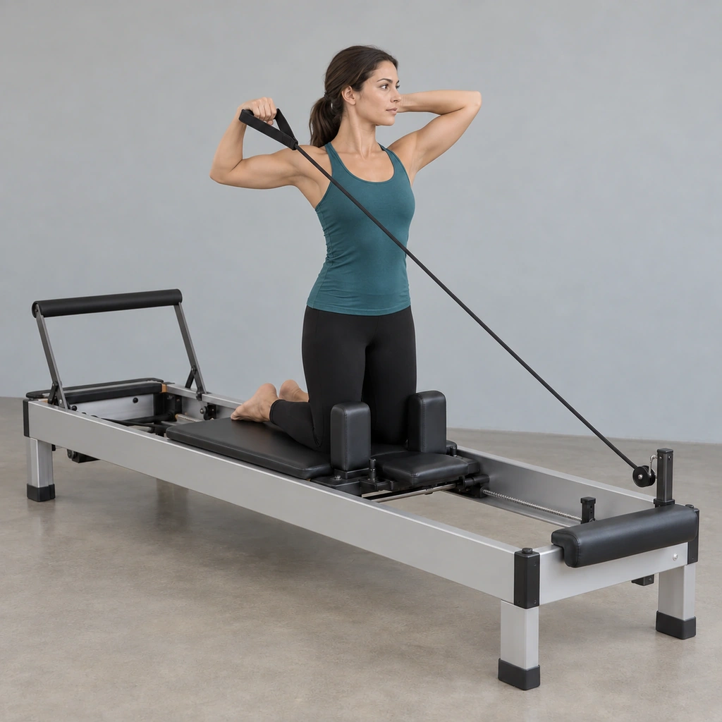 The same woman, now with her right shoulder lifted and her elbow bent level with it, her torso rotated to the right, the strap still gripped in her right hand.