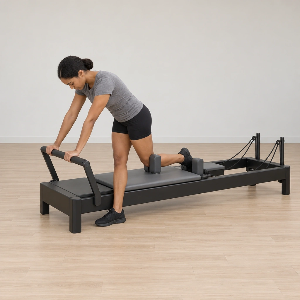 A woman stands facing the reformer footbar, straight-arm hands on the bar, her left foot on the studio floor and her right leg's knee bent against the carriage shoulder rest, her back rounded.