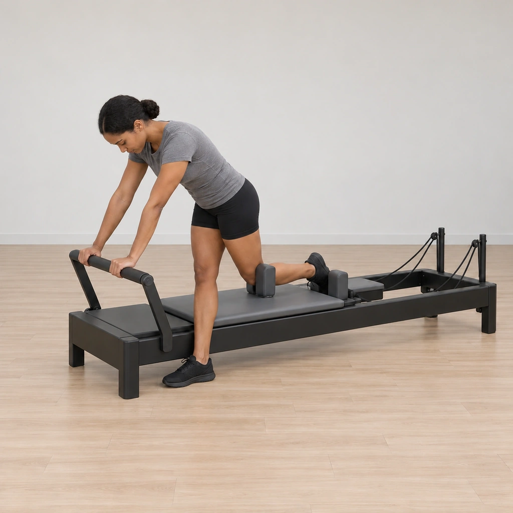 The woman holds the rounded setup on the inhale: straight arms on the footbar, one foot on the floor, the other knee on the shoulder rest, the carriage not yet moved.