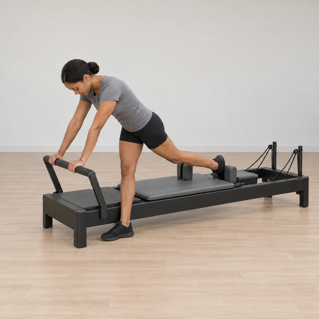The woman extends her right knee driving the carriage backward along its frame, her straight arms still on the footbar and her back still rounded, the drive stopped while her hips stay square.
