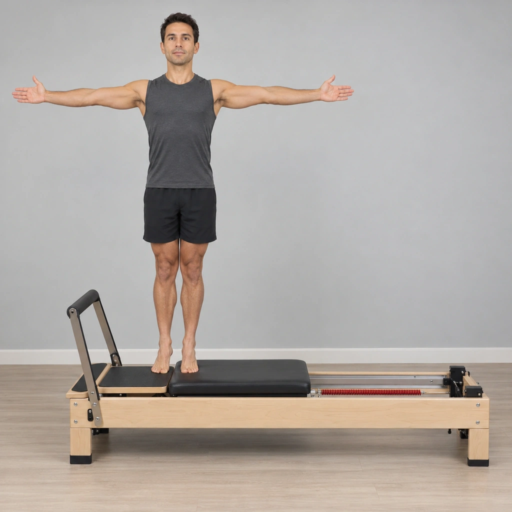 A man standing on a Pilates Reformer facing the foot bar, one foot on the fixed plate and one on the carriage, his legs together and his arms held straight out to the sides.