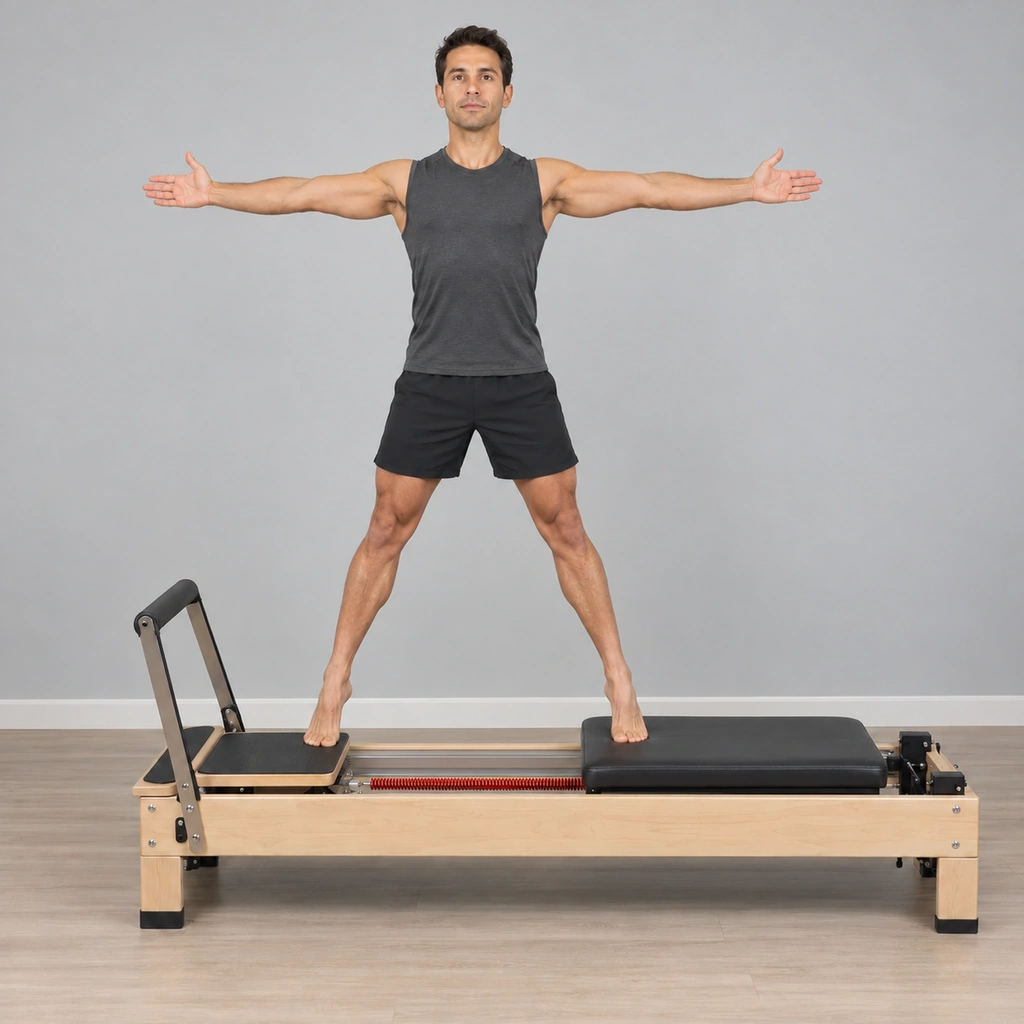The same man, now with his legs opened apart on the Reformer, the carriage visibly pressed away from the foot bar, his arms still held out in a T-position.