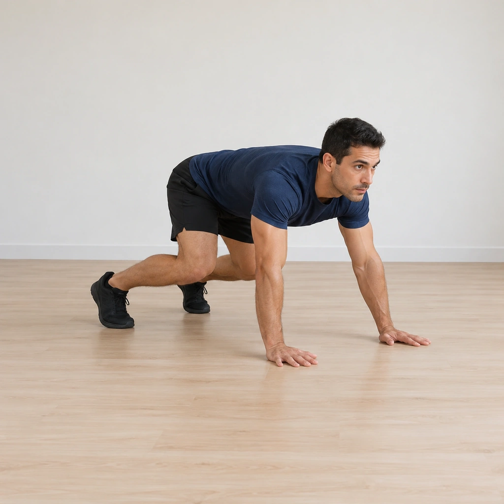He is in the quadruped bear-crawl position, hands under shoulders, feet under hips, knees hovering just above the floor.