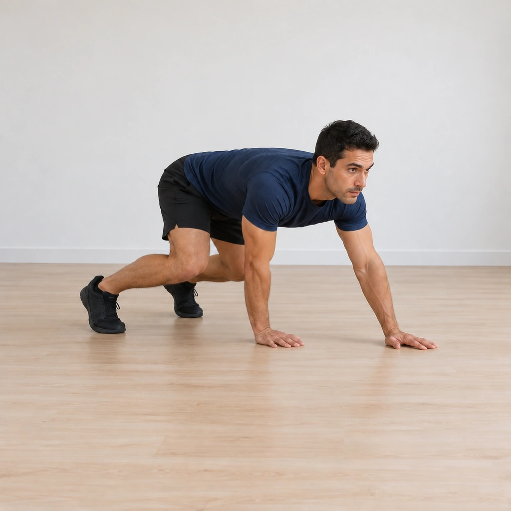 He has begun the reverse crawl, his hands stepped back and the opposite feet moving with them, knees still hovering.