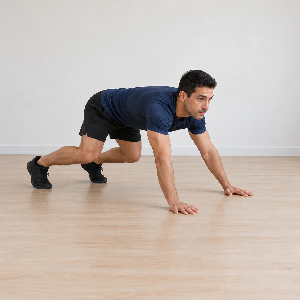 He is mid-crawl backward, one palm driving into the floor as the opposite hand and foot reach back, hips low and stable.