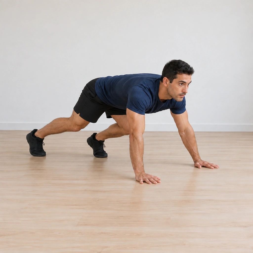 He continues the backward crawl along the track, the quadruped gait steady, the hips held low and stable.