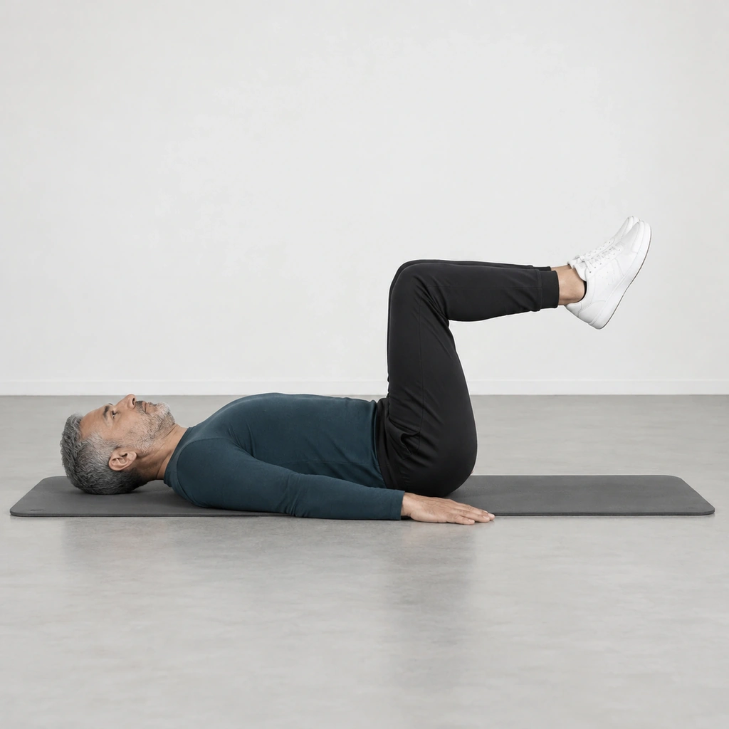Man lying on his back with his knees bent at a right angle directly above his hips and his palms on the mat.