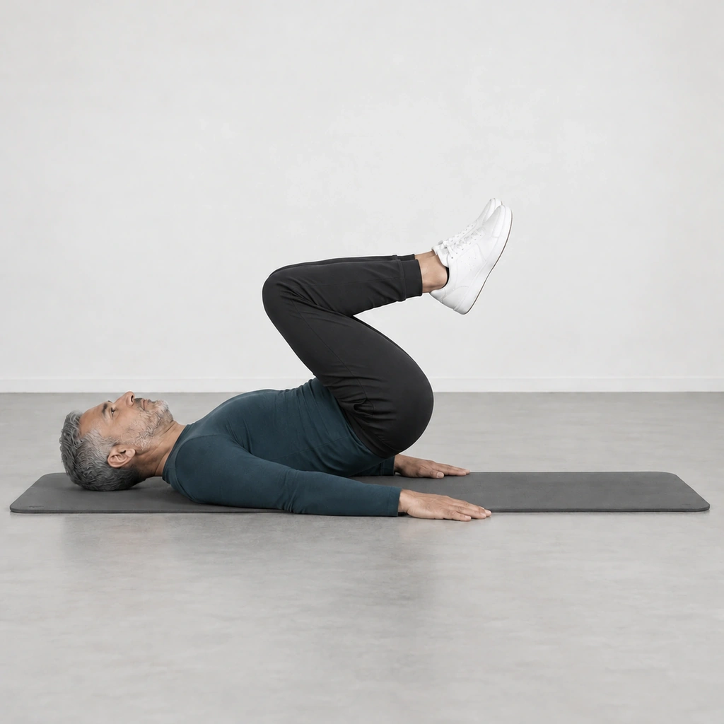 Man on his back with his hips curled off the mat and his bent knees drawn toward his chest.