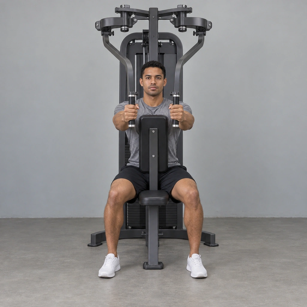 A man seated at a machine, holding a handle in each hand together in front of his shoulders, elbows slightly bent.