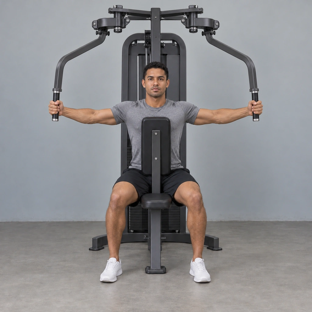 The same man, both arms now swept out to the side and back in a semicircle, a handle in each hand, rear delts contracted.