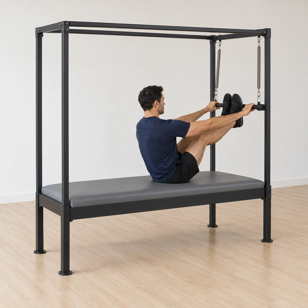 He sits on the cadillac table facing the top-sprung push-thru bar, his feet placed on the centre of the bar with heels together and toes apart, his hands holding the bar outside of his feet.