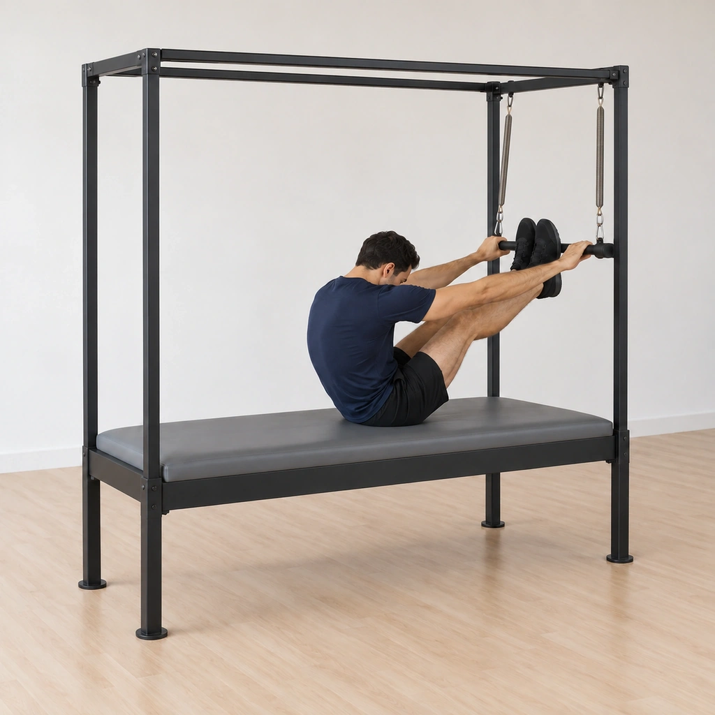 His spine is rounded back while his feet reach firmly into the push-thru bar, his hands still holding outside the feet, the bar held under his control against the top spring.