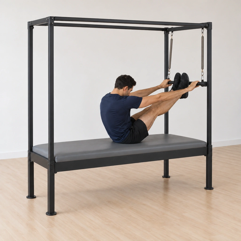 His legs are stretched toward straight with his feet still on the push-thru bar, his hands holding it outside the feet, his spine still rounded under control.