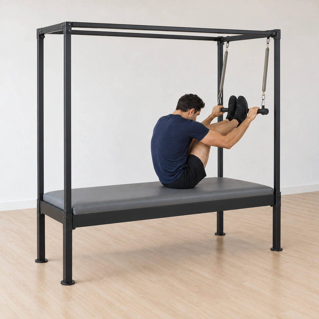 His knees, elbows and back are bent as his body rounds up and over, the push-thru bar travelled toward the vertical poles under his control, feet and hands still on the bar.