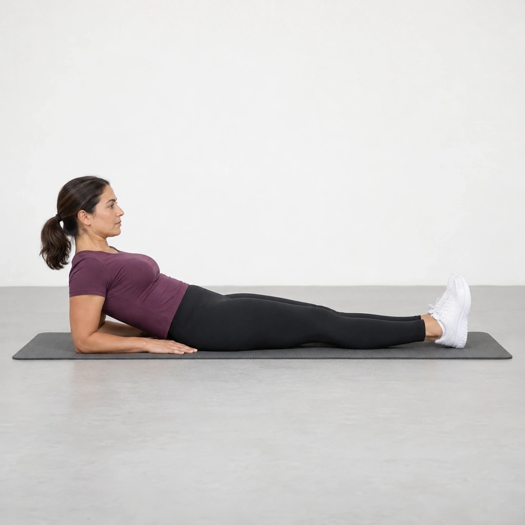 Woman lying face up propped on both forearms with her legs straight and hips on the mat.
