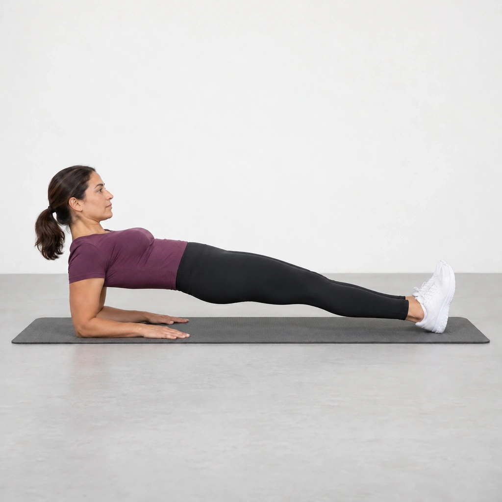 Woman holding a face-up straight-body position on her forearms and heels with her hips lifted.
